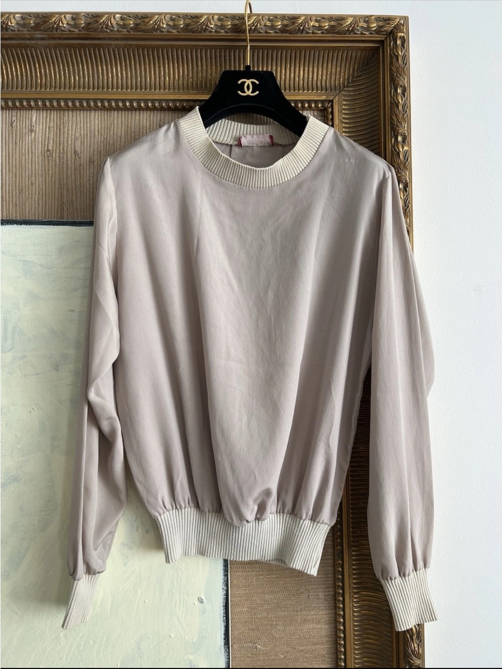 Neutral Light Beige Ribbed-Neck Long Sleeve Top